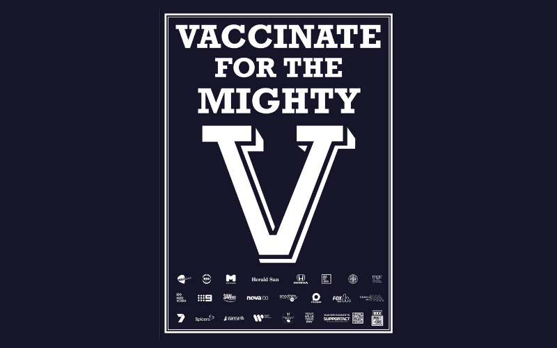 Poster that says, 'vaccinate for the mighty V'